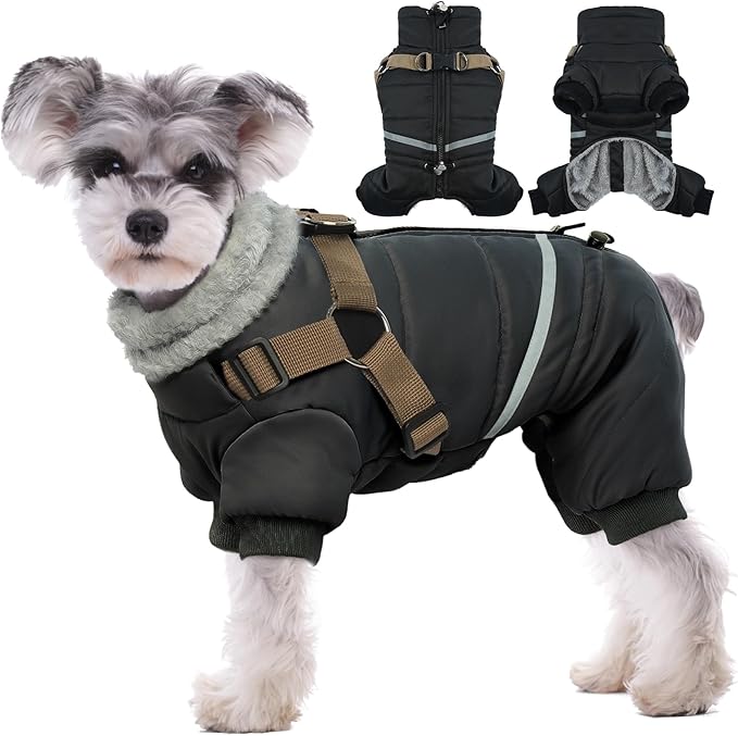 BRKURLEG Black Dog Coat with Harness, Dog Winter Jacket, Dogs Onesie Body Warm Jackets, Small Medium Dogs Winter Coats Reflective Windproof Warm Cold Weather Coats, Pet Waterproof Jacket Hiking XXL