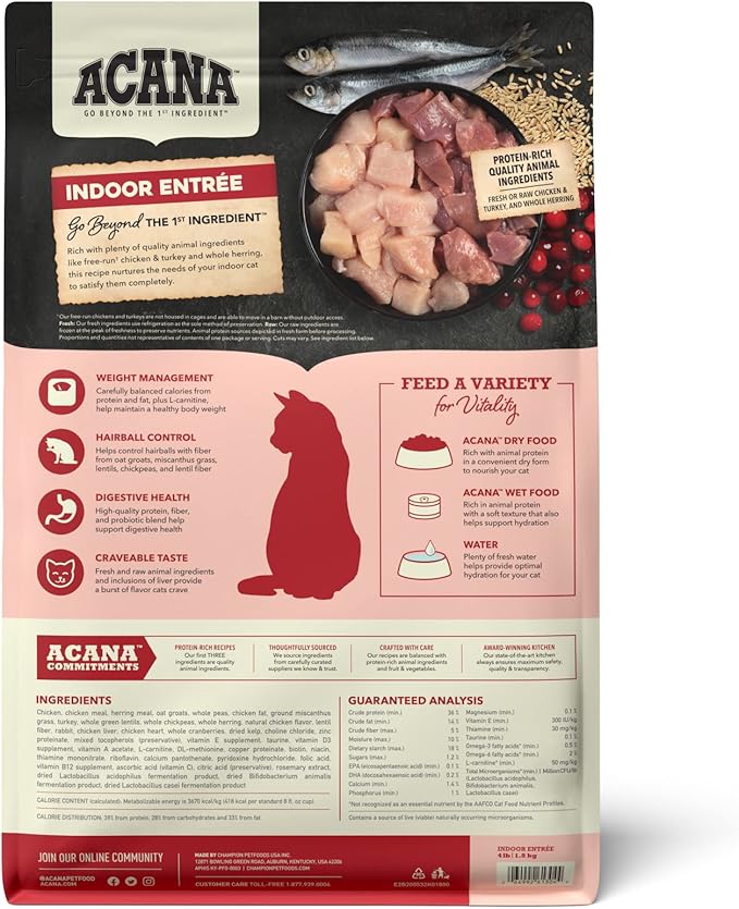 ACANA Dry Cat Food for Indoor Cats Indoor Entrée Chicken Turkey Whole Herring and Rabbit 4lb Bag