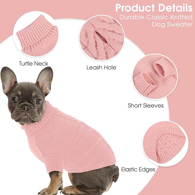 Dog Sweaters for Small Dogs Classic Turtleneck Dog Christmas Sweater Thick Warm Pullover Female Puppy Pet Stretch Knitwear Fall Winter Clothes with Leash Hole(Pink, XS)