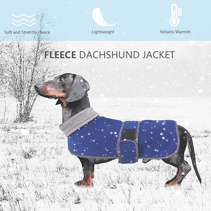 Geyecete Dachshund Sweaters - Dog Jacket, Dachshund Coat Perfect Winter Coat with Padded Fleece Lining and High Collar, Snowsuit with Adjustable Bands - Blue - XS