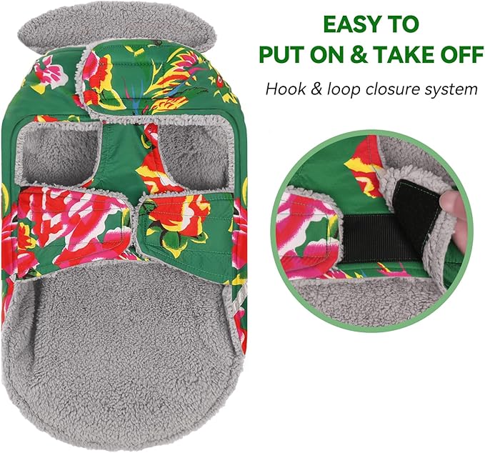VIVAGLORY Frostfit Dog Coat, Dog Jacket for Winter & Cold Weather, Warm Fluffy Fleece Lined Water Resistant Reflective for Puppy, Coat with Velcro Fastening & Leash Hole, S, Northeast Florals-Green