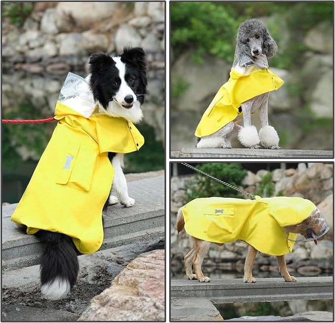 Dog Raincoat Waterproof, Adjustable Reflective Hooded Dog Rain Poncho with Leash Hole for Small Medium Large Dogs (Yellow, Medium)