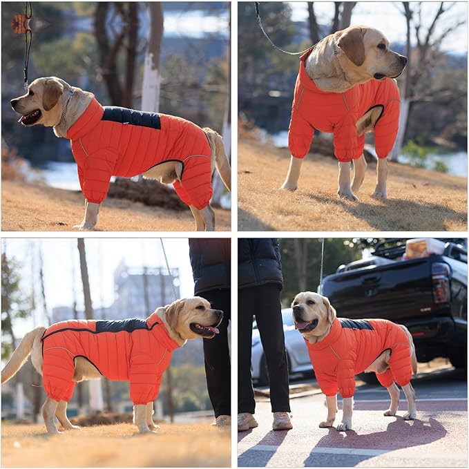 Warm Dog Coat, 4 Legs Covered Waterproof Windproof Reflective Vest, Zippered Adjustable Outdoor Snow Jacket for Small Medium Large Dogs, Orange M