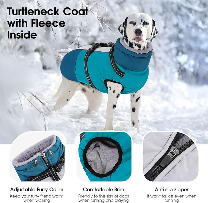SUNFURA Small Dog Coat with Harness Built-in, Warm Dog Jacket with Zip, Reflective Winter Coat Pet Sweater Clothes for Small Dogs Schnauzer, Yorkshire Terrier, Shih Tzu, Turquoise S