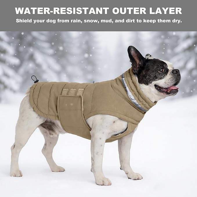 Dog Coat, Waterproof Winter Jacket, Warm Windproof Vest, Reflective Adjustable Turtleneck Coats for Medium and Large Dogs with Hook & Loop - Khaki - L