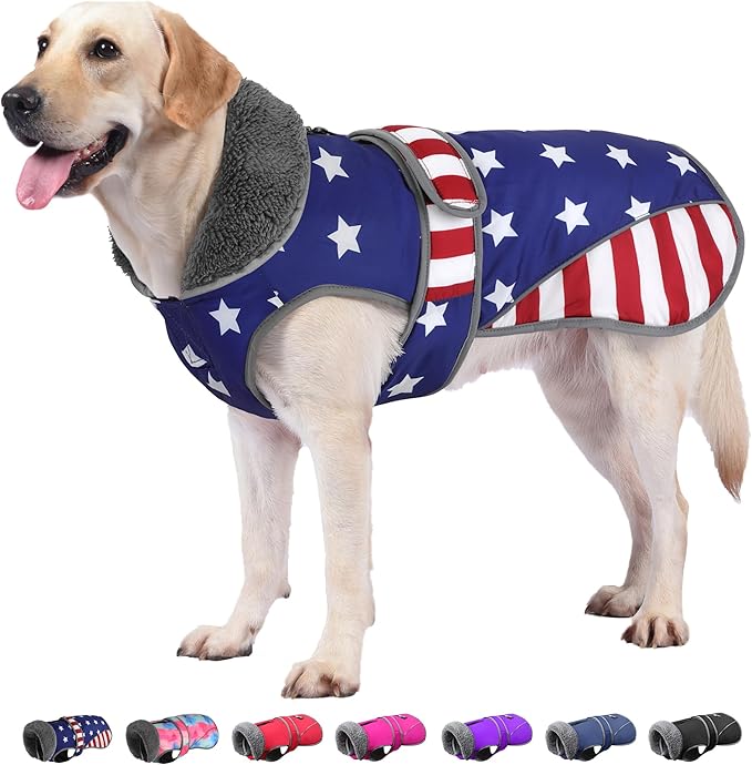 Dogcheer Dog Coat, American Flag Dog Jacket Waterproof Puppy Winter Coat for Cold Weather, Reflective Adjustable Pet Snow Jacket Fleece Sweater for Small Medium Large Dogs - USA Flag, L