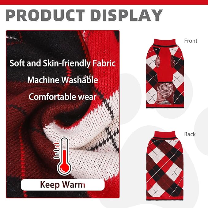 KOOLTAIL Dog Sweater Pet Knitted Clothes-Classic Plaid Pullover Turtleneck Red Fleece Dog Christmas Sweaters with Leash Hole, Thick Warm Dog Winter Clothes for Small Medium Large Dogs Cats Puppy, M