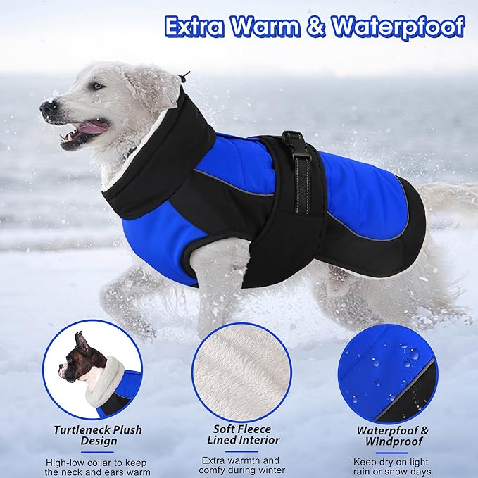 Dogcheer Waterproof Dog Coat, Christmas Dog Winter Jacket, Adjustable Puppy Fleece Coat for Cold Weather, Reflective Turtleneck Snow Jacket for Small Medium Large Dogs - Blue, M