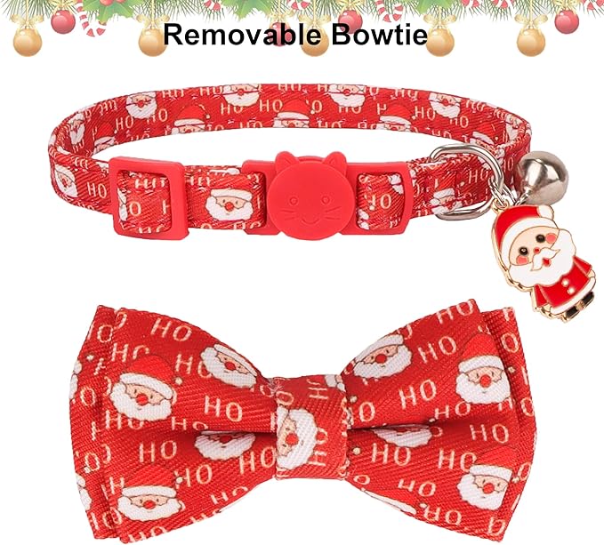 ADOGGYGO Christmas Cat Collar with Removable Bow Bell, 2 Pack Red Green Santa Reindeer Christmas Collars for Cat Kitten