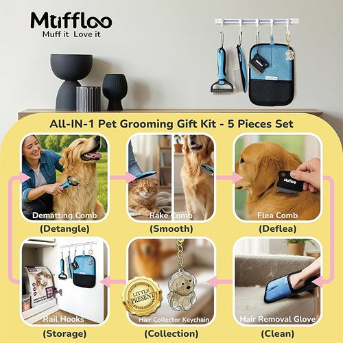 All-in-1 Pet Grooming Kit for Dogs and Cats, Shedding Comb, Dematting Tool, Reusable Electrostatic Hair Removal Glove, Hair Collector Keychain