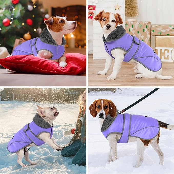 Dogcheer Dog Coat, Waterproof Dog Jacket Reflective Pet Winter Coat with Adjustable Hook & Loop, Christmas Puppy Fleece Jacket Warm Turtleneck Snowsuit for Small Medium Large Dogs - Taro Purple, 3XL
