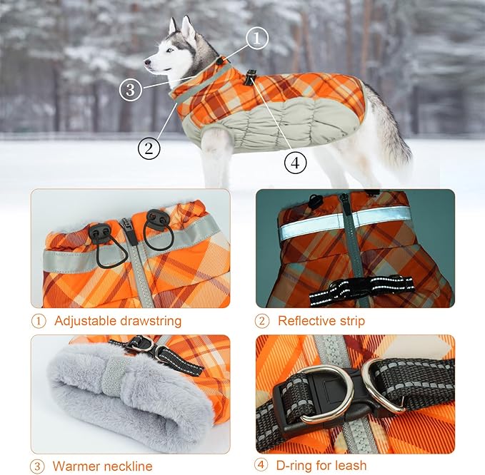 Lelepet Warm Dog Winter Coat Dog Coats for Small Dogs Waterproof Dogs Jacket with Harness Built in Reflective Cold Weather Coats Windproof Zip-Up Winter Fleece Vest Snowsuit Yorkie Orange Plaid S