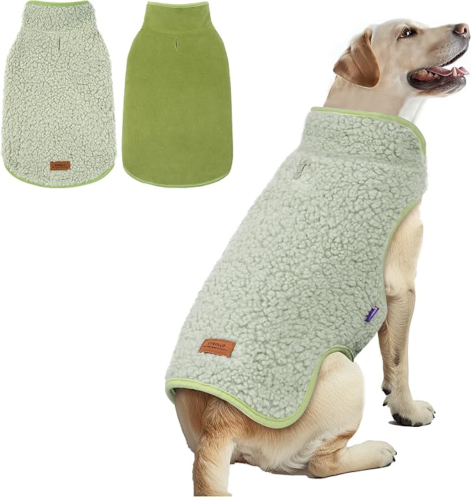 cyeollo Warm Dog Coat Fleece Sherpa Winter Sweater Coats, Turtleneck Jacket Vest for Small Medium Large Dogs with Leash Hole, Soft Reversible Dog Coats for Cold Weather, Green, XXL