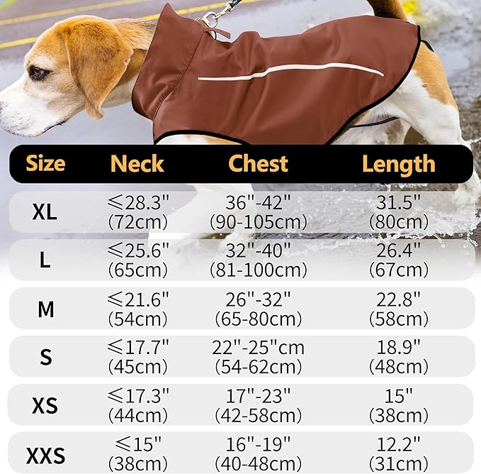 Mile High Life Dog Raincoat, Adjustable Waterproof Reflective Rain Jacket for Small Medium Large Dogs, Lightweight Breathable Pet Rain Coat with Leash Hole(Brown,XXS Chest 16-19")