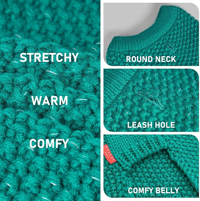KYEESE Dog Christmas Sweater with Leash Hole Comfy Pullover Sweater Medium Size Male with Reflective Yarn Warm Pet Coats Stretchy Cozy Lightweight Thick Knitwear Dog Clothes,Green, X-Large