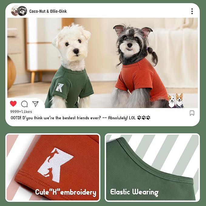 Koneseve Dog Shirt Soft Cotton Stretchy Clothes for Small Medium Pets 2-Pack Rust & Mist Green 3XL