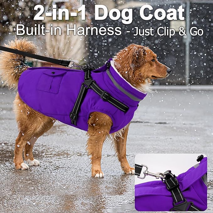 Dogcheer Dog Coat with Harness, Waterproof Warm Dog Winter Jacket with Pockets, Reflective Pet Fleece Jacket Turtleneck Snowsuit for Small Medium Large Dogs - Purple, XS