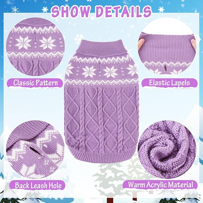 Warm Winter Pink Dog Sweater - Cold Weather Pet Clothes for Small Medium Large Dogs Indoor Outdoor, Soft Classic Knit Puppy Apparel Coat, Purple, XL