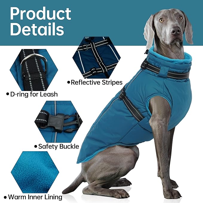 PUMYPOREITY Winter Fleece Coat for Small Dogs, Reflective Dog Jacket with Harness Built in, Waterproof Warm Coat for Dogs, Cold Weather Coats for Outdoor, Therma Windproof Pet Snowsuit, Blue,XS