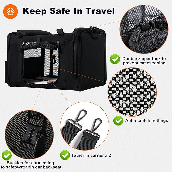 25''(L) x 17''(W) x 17''(H) Extra-Large Expandable cat Carrier for Long Distance car Travel,for 1 Extra-Large cat / 2 Large Cats / 3 Small-Medium Cats up to 35 lbs(Black)