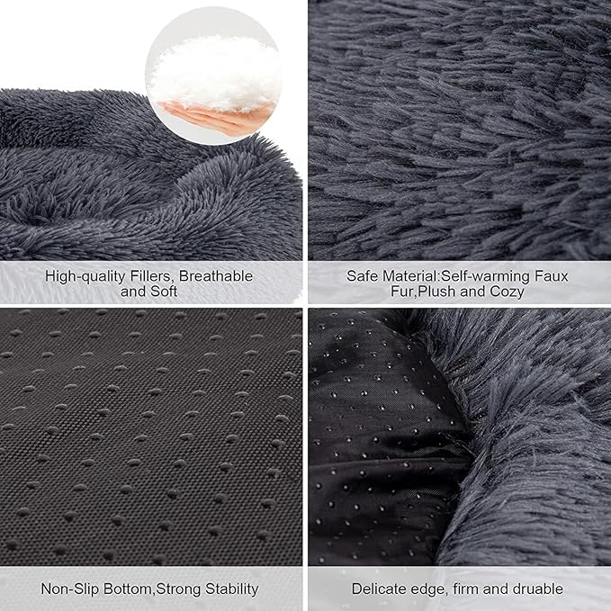 Dog Bed, Cat Calming Bed, Faux Fur Pillow Pet Donut Cuddler Round Plush Bed for Large Medium Small Dogs and Cats (Light Grey, 44.0" L x 44.0" W x 7.0" Th)