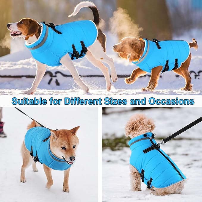 Dogcheer Dog Coat with Harness, Waterproof Dog Jacket Adjustable Pet Winter Coat with Zipper, Christmas Puppy Snow Jacket Fleece Sweater for Small Medium Large Dogs - Sky Blue S