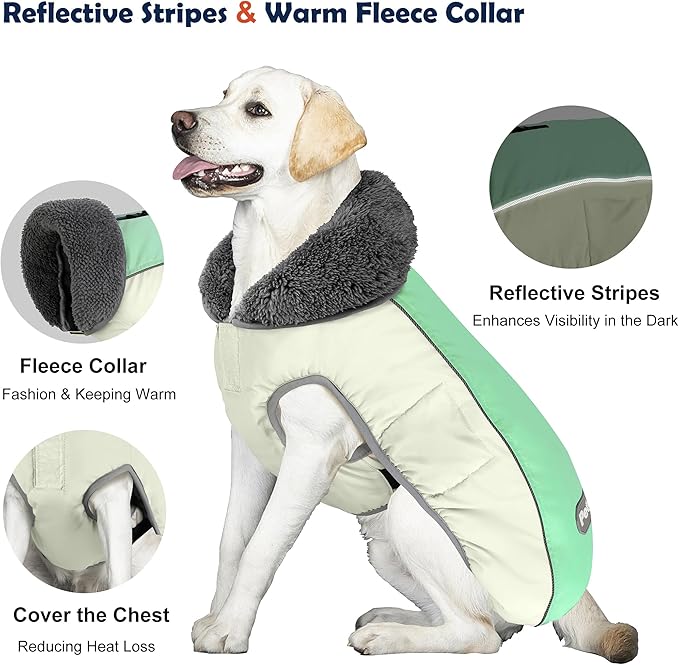 Dog Coat, Waterproof Dog Winter Jacket with Leash Hole, Reflective Adjustable Pet Fleece Sweater, Warm Snow Vest for Small Medium Large Dogs - Candy Green, 3XL
