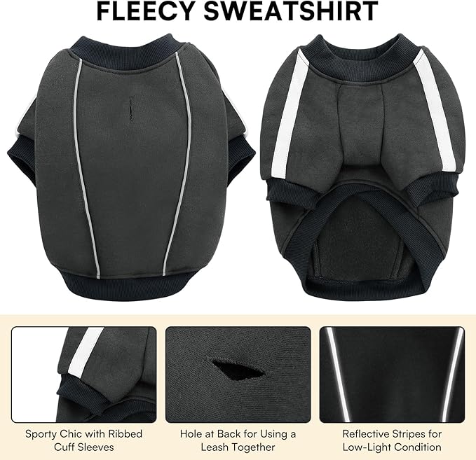 Queenmore Fleece Dog Sweater for Male Dogs, Soft Pullover Dog Sweatshirt with Leash Hole/Reflective Stripes – Cozy Winter Fleece Jacket for Small Medium Large Boy Puppy, Grey XL