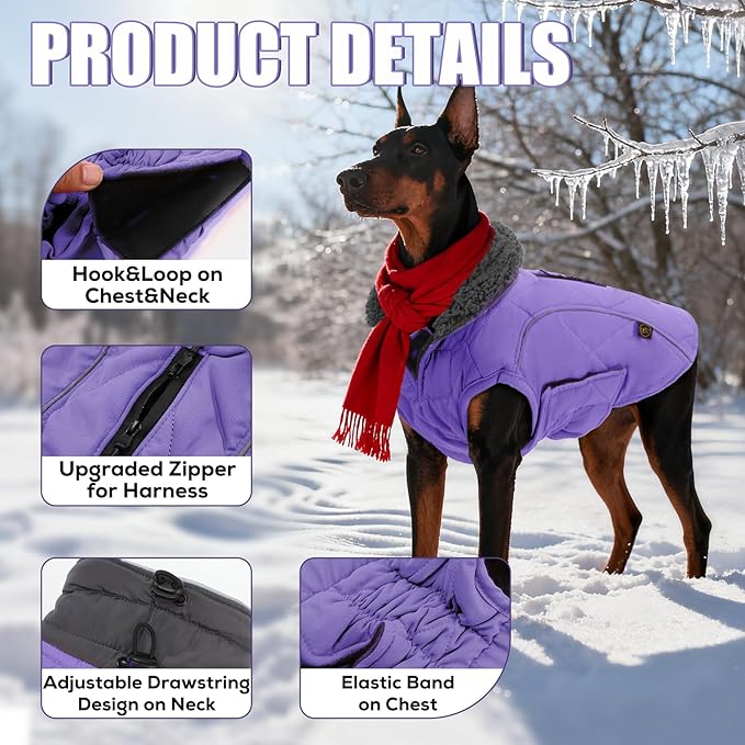 EMUST Winter Dog Coats - Fleece Dog Jacket for Cold Weather, Windproof & Warm, British Style, Purple, XS