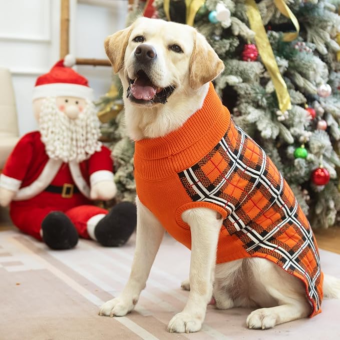 PUPTECK Dog Sweaters for Large Medium Small Dogs - Fall Classic Plaid Style Puppy Holiday Winter Coat Clothes Warm, Reddish Orange, ML