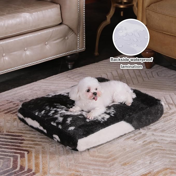 Bedfolks Waterproof Crate Bed, Plush Dog & Cat Bed with Removable Washable Cover, Faux Fur Kennel Pad, 21"x13", Black-White Cowhide