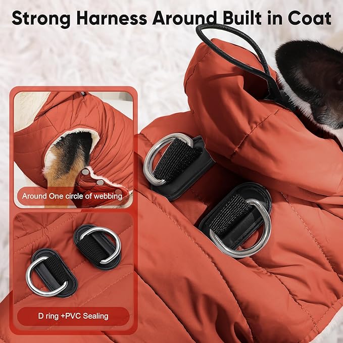 Fleece Lining Dog Hoodie with Harness Built in,Extra Warm Medium Dog Jacket in Winter Doggie Coats with Drawstring Hooded,Orange XL