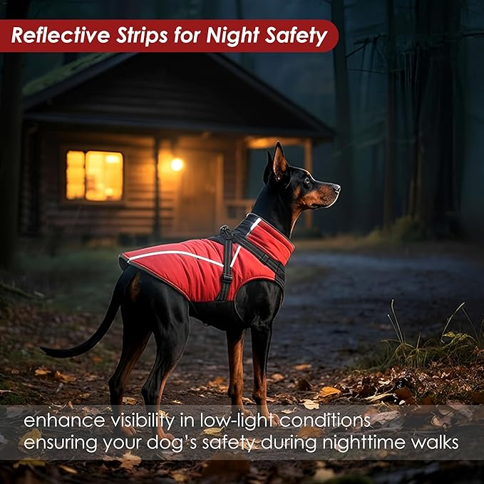 ASENKU Reflective Dog Coat with Built-in Harness, Windproof Fleece-Lined Dog Jacket for Small, Medium, Large Dogs, Warm Winter Vest with Turtleneck & Zipper (Red L)