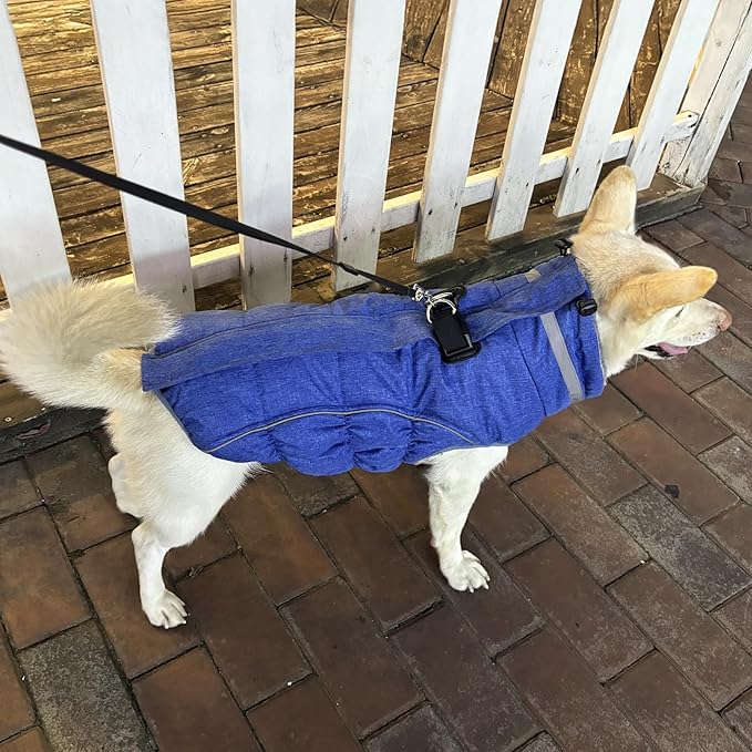 Malier Dog Coat, Reflective Dog Jacket Waterproof Windproof Puppy Cold Weather Coats with Harness Built in, Winter Extra Warm Pet Coat Fleece Vest for Small Large Pets and Puppy (Blue, XXX-Large)