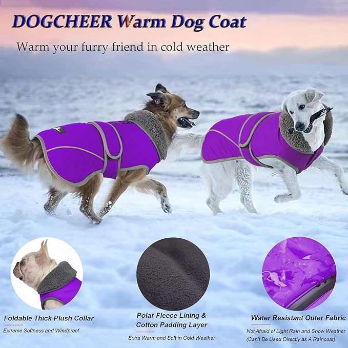 Dogcheer Dog Coat, Waterproof Dog Jacket Reflective Pet Winter Coat with Adjustable Hook & Loop, Christmas Puppy Fleece Jacket Warm Turtleneck Snowsuit for Small Medium Large Dogs - Purple, L