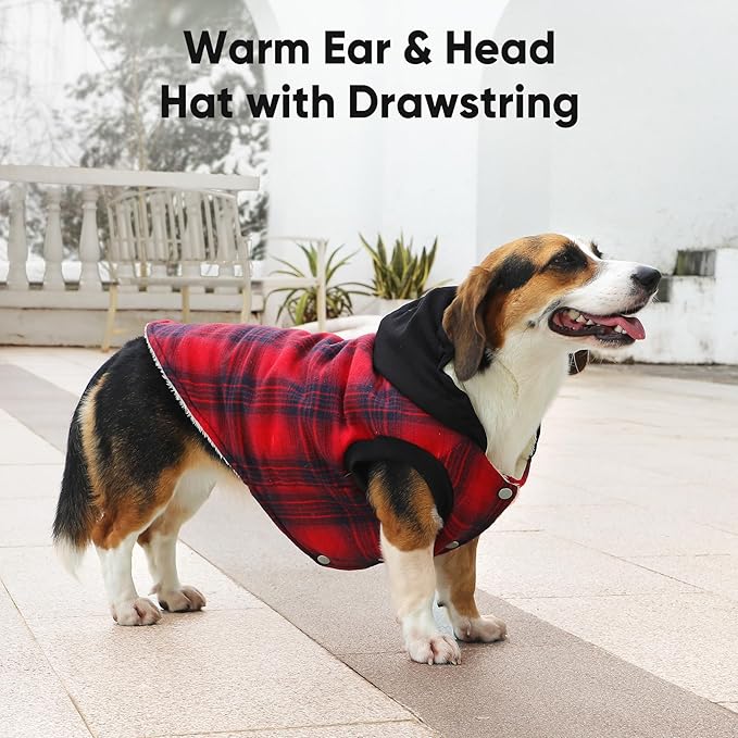 Fleece Lining Dog Hoodie for Large Dogs Extra Warm Plaid Sweater with Drawstring Hooded Coats in Winter Doggie Jacket,Red XXXL