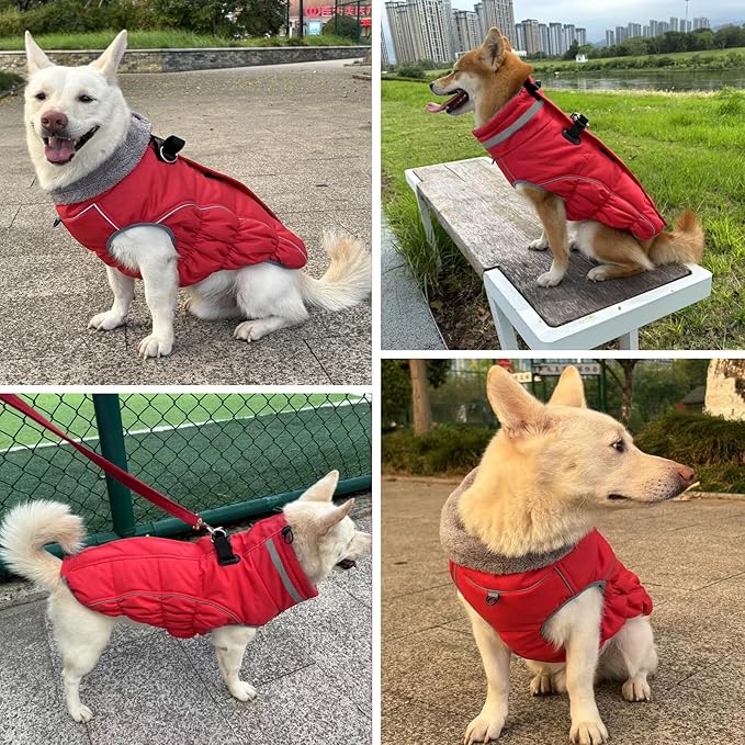 Malier Dog Coat, Reflective Dog Jacket Waterproof Windproof Puppy Cold Weather Coats with Harness Built in, Winter Extra Warm Pet Coat Fleece Vest for Small Large Pets and Puppy (Red, XXX-Large)