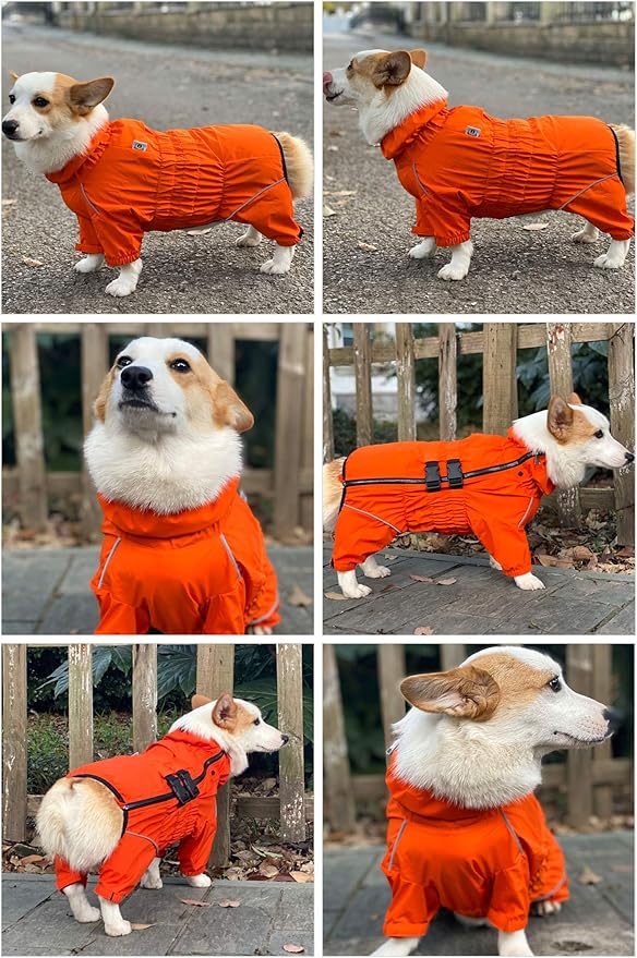 Dogs Waterproof Jacket, Lightweight Waterproof Jacket Reflective Safety Dog Raincoat Windproof Snow-Proof Dog Vest for Small Medium Large Dogs Corgis Dachshund Orange D-S