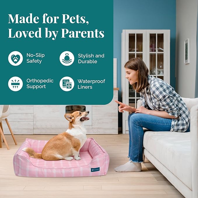 Orthopedic Bolster Dog Bed – CertiPUR-US Foam, Recycled Polyester Canvas, Washable Cover, Anti-Slip Bottom, Small, Pink Check – Stylish Designer Dog Sofa