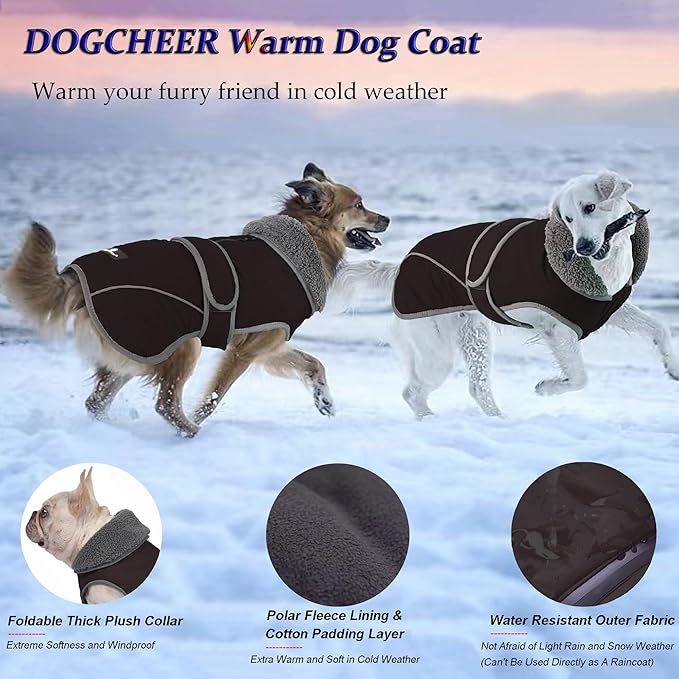 Dogcheer Dog Coat, Waterproof Dog Jacket Reflective Pet Winter Coat with Adjustable Hook & Loop, Christmas Puppy Fleece Jacket Warm Turtleneck Snowsuit for Small Medium Large Dogs - Black, 2XL