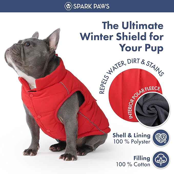Spark Paws Dog Winter Jacket, Water-Resistant Coat, Warm Reflective Windproof Fleece-Interior, for Medium and Large Dogs - Red - L