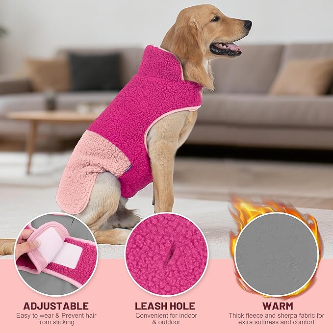 cyeollo Warm Dog Coat Sherpa Dog Winter Coat, Reversible Fleece Dogs Jackets Sweater Vest for Medium Large Dogs Female, Soft Cold Weather Pet Clothes, Rose Red XXL
