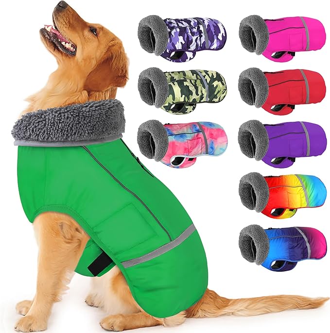 Dogcheer Warm Dog Coat, Waterproof Dog Jacket Christmas Puppy Winter Coat with Buckle, Reflective Adjustable Pet Snow Jacket Turtleneck Fleece Sweater for Small Medium Large Dogs - Green, S