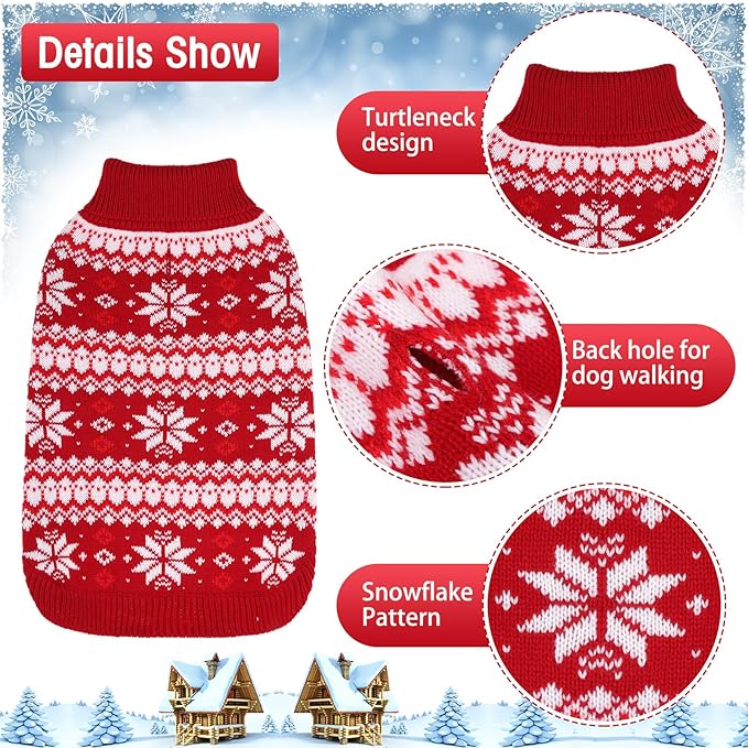 KOOLTAIL Cable Knit Small Dog Sweater Turtleneck, Cold Weather Pullover Classic Knitwear with Leash Hole, Snowflake Pattern Thick Warm Winter Pet Clothes, Medium Dog Christmas Sweater, Red S