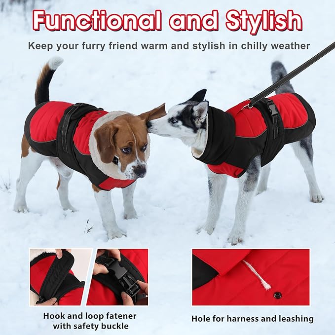 Dogcheer Dog Coat, Christmas Dog Winter Jacket, Waterproof Puppy Fleece Coat for Cold Weather, Adjustable Pet Snowsuit, Turtleneck Sweater for Small Medium Large Dogs - Red, S