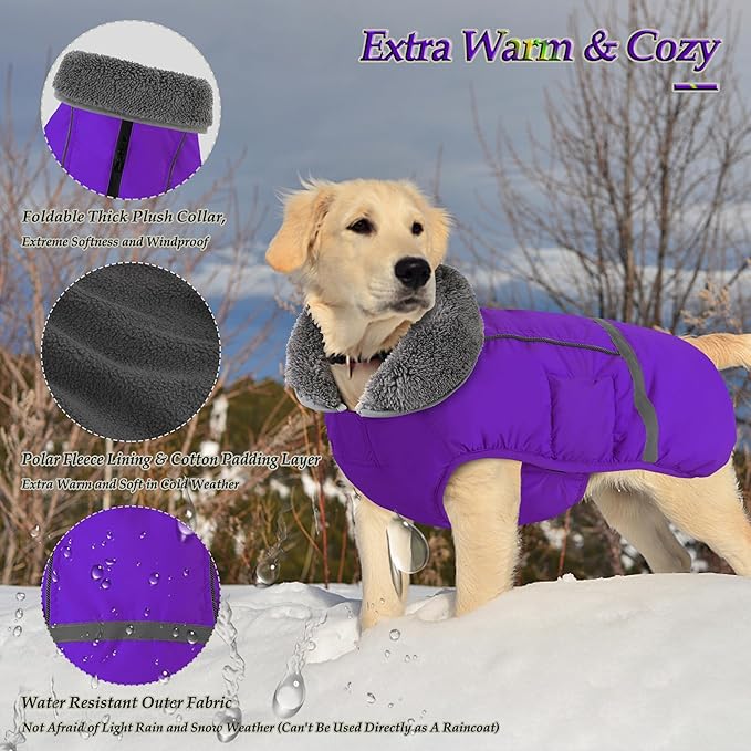Dogcheer Warm Dog Coat, Christmas Dog Jacket Waterproof Puppy Winter Coat with Buckles, Reflective Adjustable Pet Snow Jacket Turtleneck Fleece Sweater for Small Medium Large Dogs - Purple, M