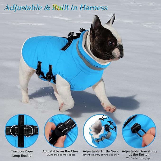 Dogcheer Dog Coat with Harness, Waterproof Dog Jacket Adjustable Pet Winter Coat with Zipper, Christmas Puppy Snow Jacket Fleece Sweater for Small Medium Large Dogs - Sky Blue 3XL