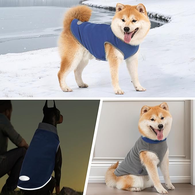 cyeollo 2 Pack Fleece Dog Sweater Stretchy Pullover Soft Dog Jacket with Reflective Stripe Lightweight Sweatshirt Pet Clothes Coats for Small Dogs Grey & Blue