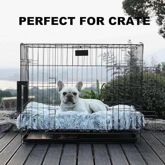 Bedfolks Waterproof Dog Crate Bed With Removable Washable Cover, Plush Faux Fur Pad for Large Dogs, Fluffy Kennel Bed 35"x23", Dark Grey