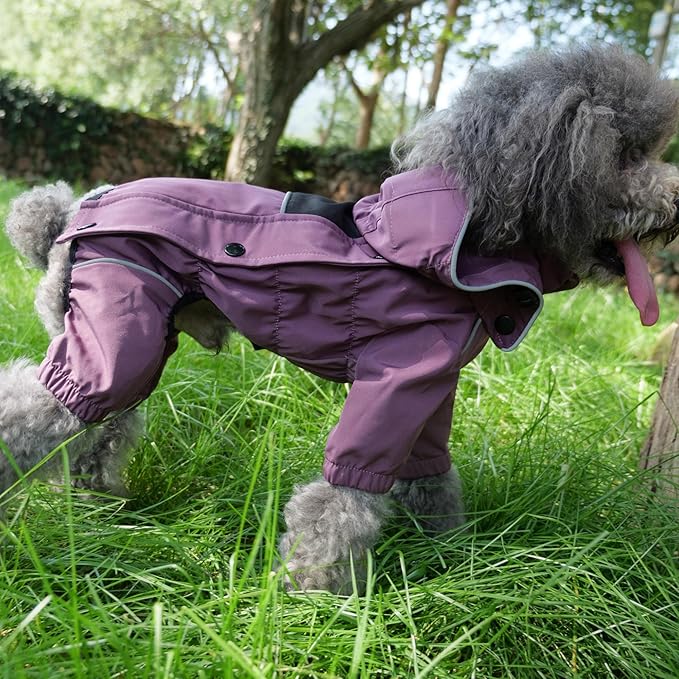 LOVELONGLONG Waterproof Dog Raincoat with Removable Hood – Outdoor Full Body Dog Jacket, Windproof Snowproof Shell Suit – All Season Pet Rain Gear Plum Purple M